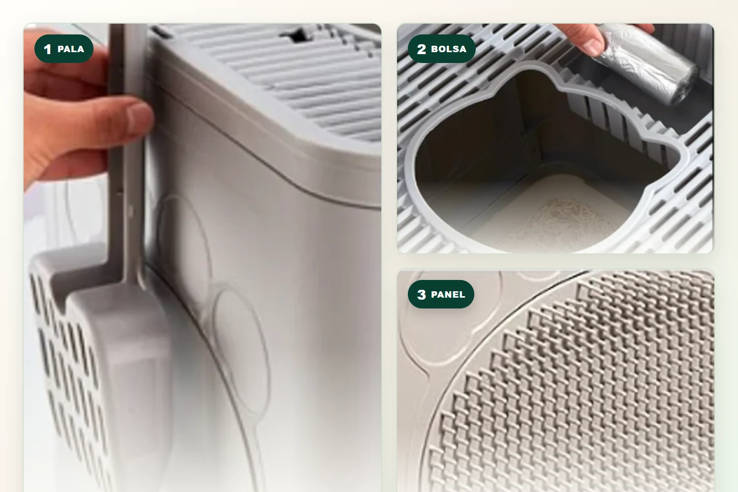 Detalles del FreshBox: pala lateral, espacio superior para bolsitas o neutralizador y panel texturizado